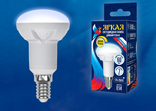LED-R50 7W/4000K/E14/FR/DIM PLP01WH Лампа светодиодная, диммируемая. Форма Рефлектор, матовая. Серия Яркая. Белый свет (4000K). Картон. ТМ Uniel.