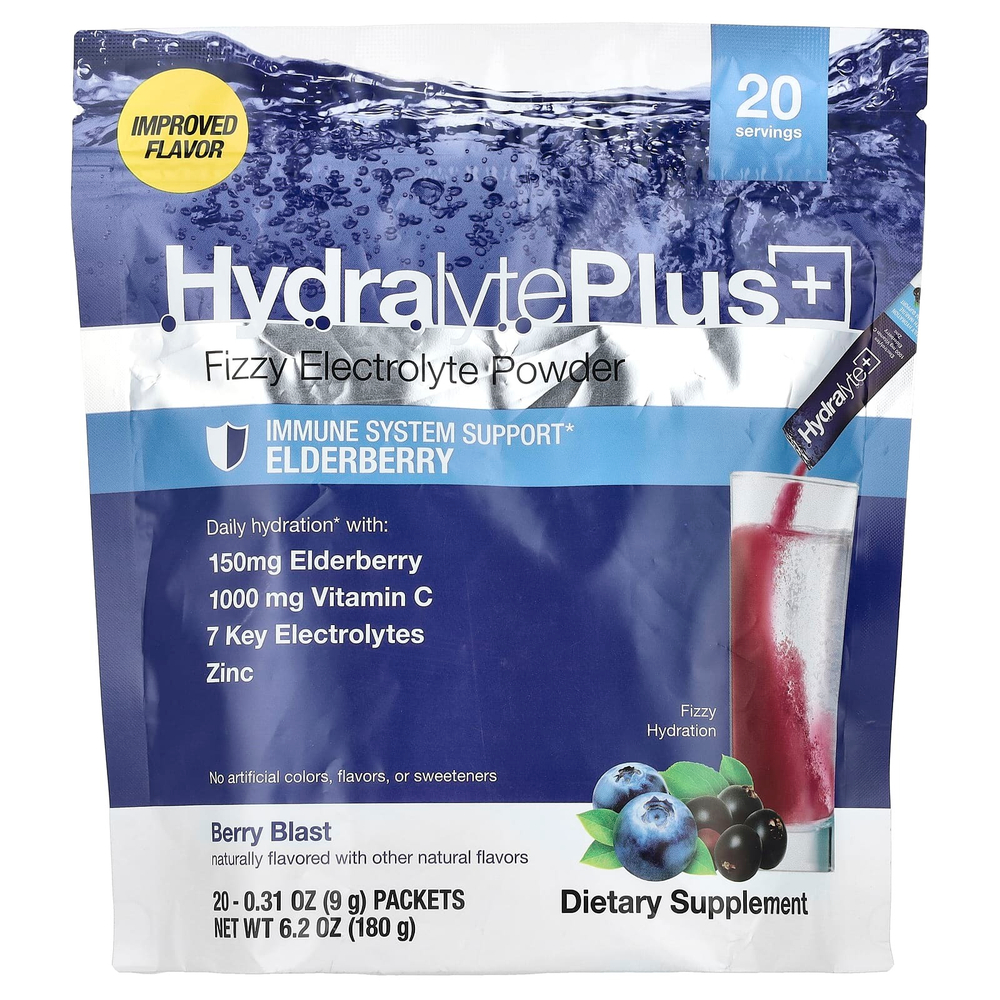 Hydralyte, Hydralyte Plus +, порошок с шипучим электролитом, ягодный вкус, 20 пакетиков по 9 г (0,31 унции)