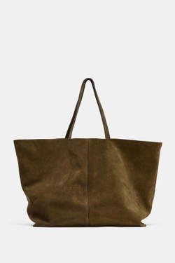ZARA БОЛЬШАЯ ЗАМШЕВАЯ СУМКА-ШОПЕР, ЗЕЛЕНЫЙ ХАКИ