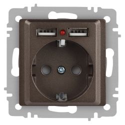 Розетка Intro Accent 6-410-08 с заземлением 2P+E Schuko со шторками 16А-250В + 2хUSB IP20 СУ бронза | Intro