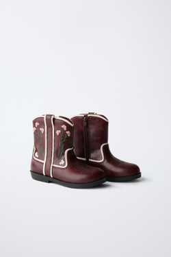 ZARA ВЫШИТЫЕ САПОГИ В КОВБОЙСКОМ СТИЛЕ, ГРАНАТОВЫЙ