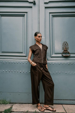 ZARA БРЮКИ ИЗ ЛЬНЯНОЙ ТКАНИ С БУСИНАМИ НА ШНУРКЕ, КОРИЧНЕВЫЙ