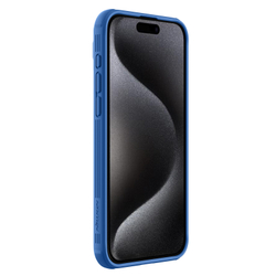 Чехол синего цвета с защитной шторкой для камеры от Nillkin на iPhone 15 Pro, серия CamShield Pro Case