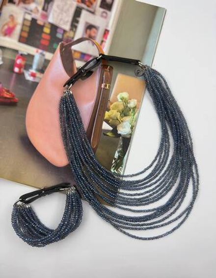 Колье каскад "Венеция, оттенок Лондон блу, венец.стекло, натур.кожа