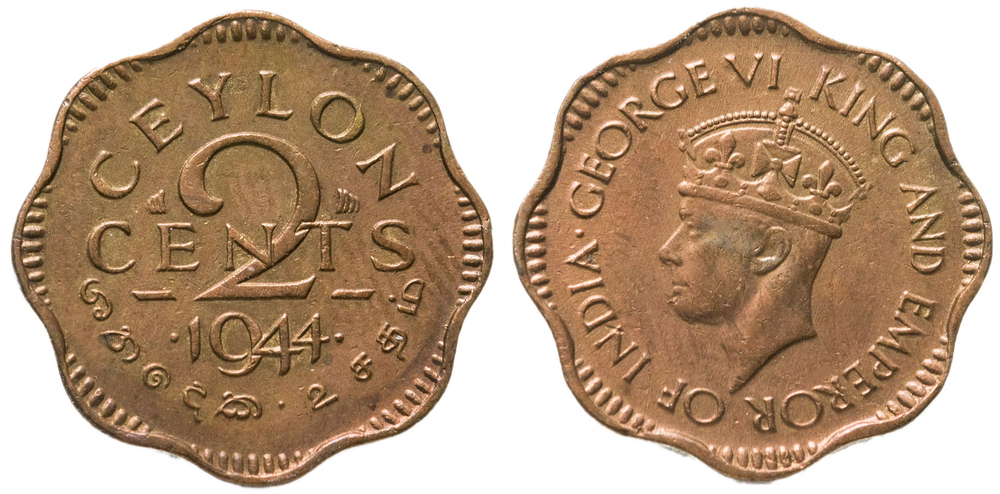 Цейлон 2 цента, 1944 Король Георг VI XF