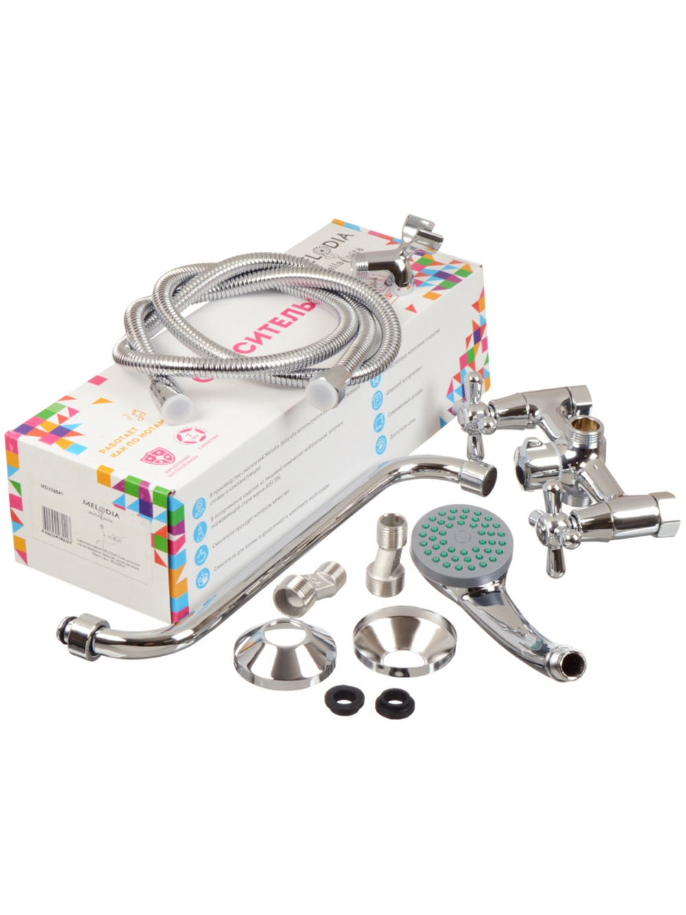 Смеситель ванна MELODIA Cross длинный излив керамика переключ.душа картридж 25мм с акс. MDV32541