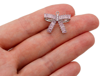 51291-рр Подвеска "Бантик" с фианитами, 17мм, розовый, родий