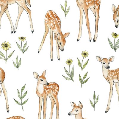 Акварельные оленята и цветочки на белом фоне