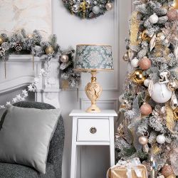 Настольная лампа Флер де Лис Айври с абажуром Тюссо Vatican (Ватикан) Аквамарин