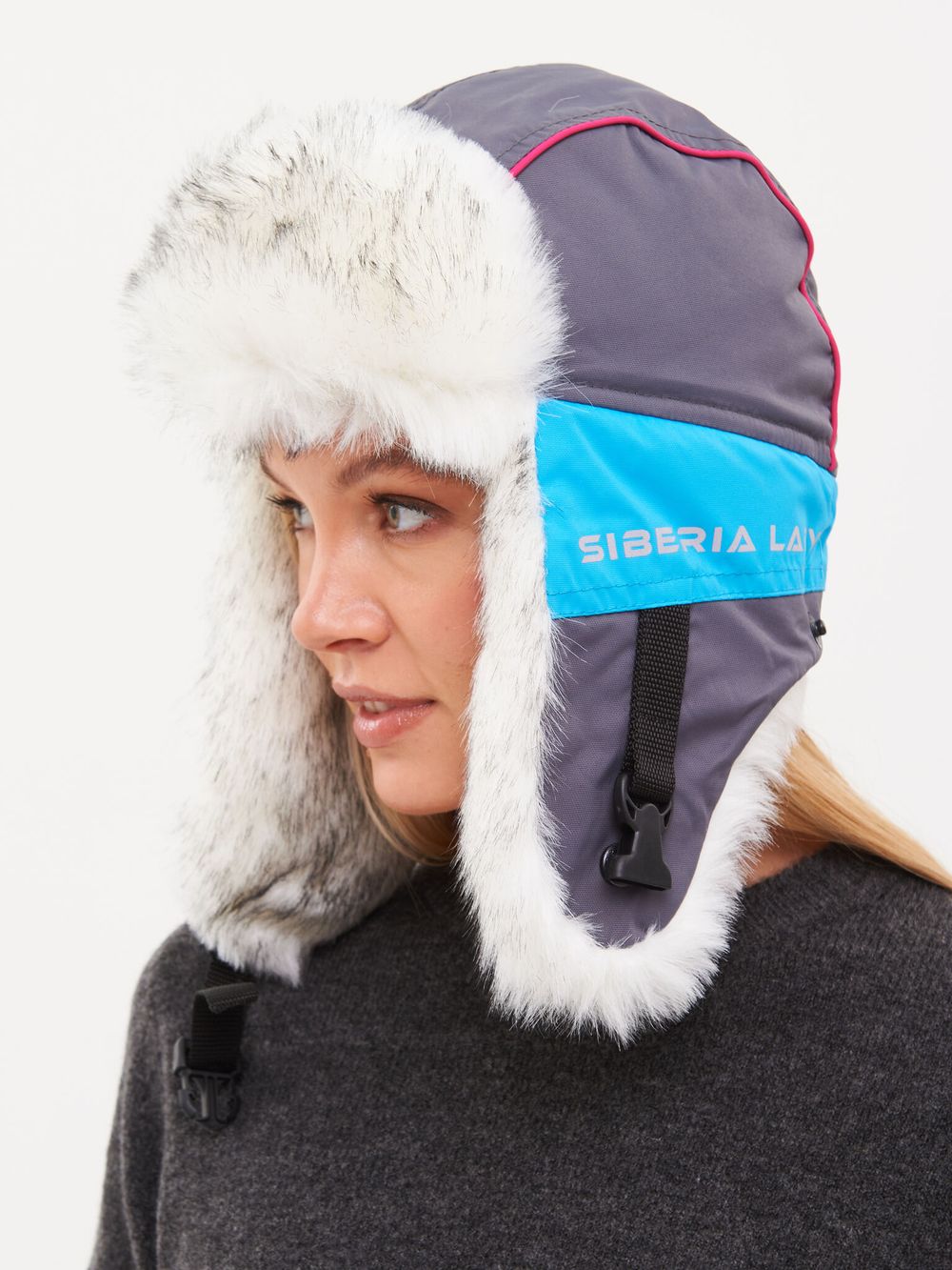 Шапка ушанка зимняя Siberia Lady ткань Breathable цвет Голубой/Серый