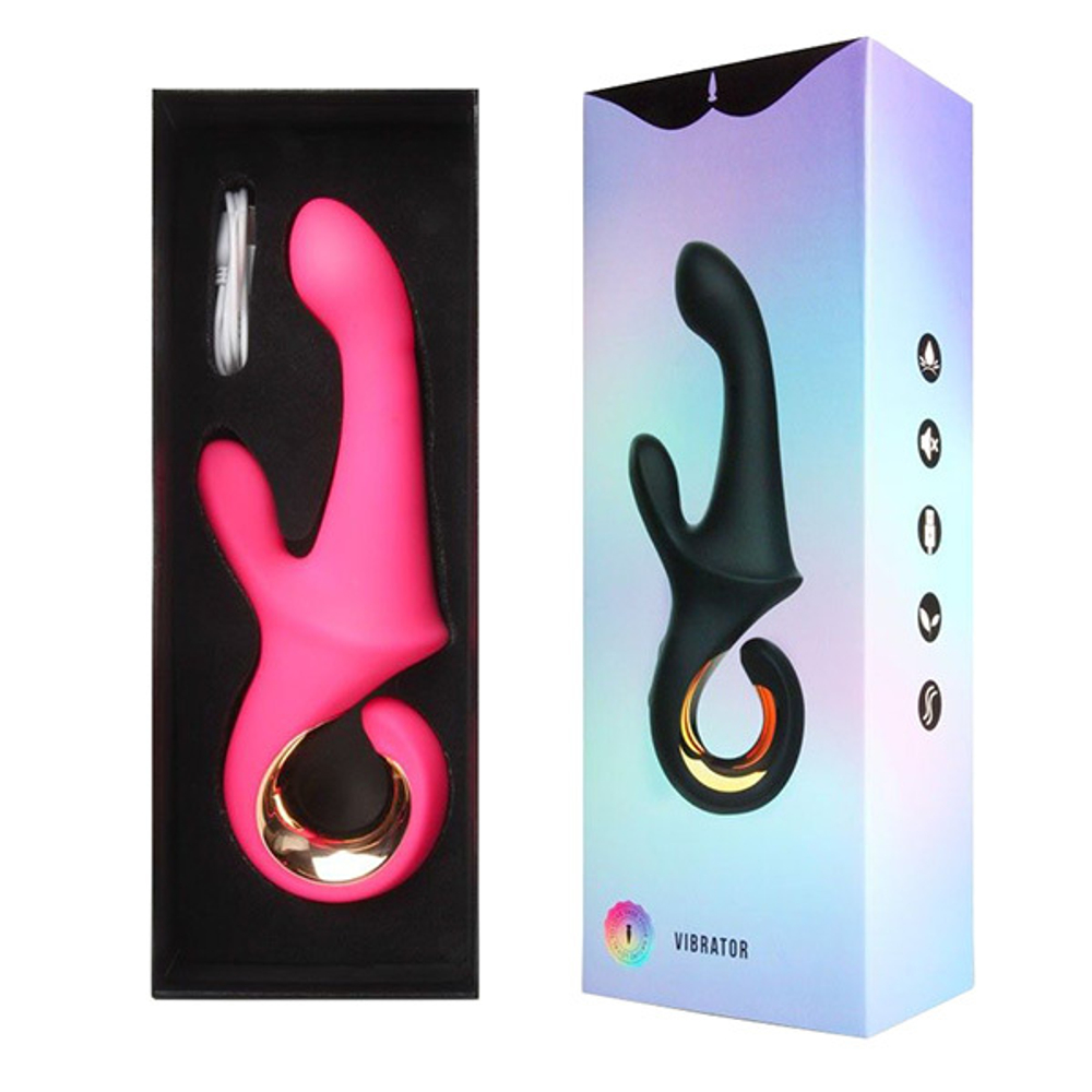 Розовый вибратор-кролик 22,6см со стимулятором клитора и ручкой-кольцом I-Moon MY-1904