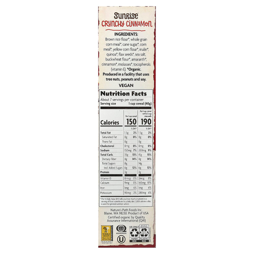 Nature's Path, органические хлопья Sunrise®, хрустящая корица, 300 г (10,6 унции)
