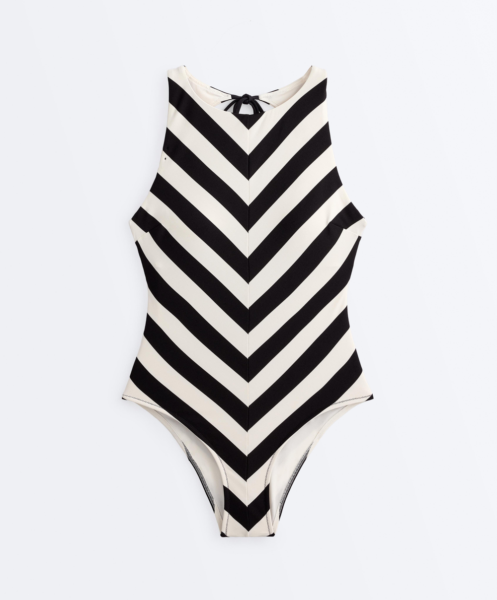 OYSHO Купальник халтер в диагональную полоску, черный
