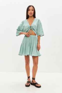 Юбка мини из хлопка stone wash мятного цвета