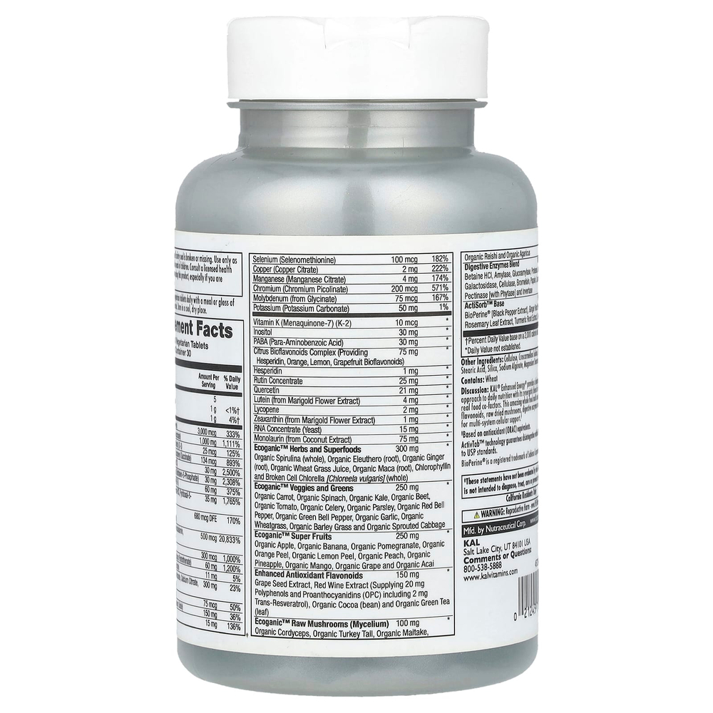 KAL, Enhanced Energy®, мультивитамины из цельных продуктов, без железа, 90 растительных таблеток