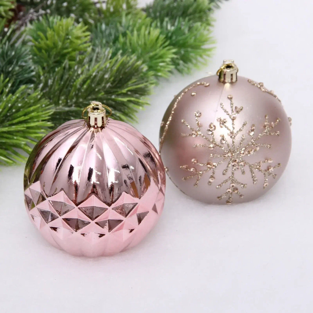 Новогодние шары «Волшебный бал» 8 см (набор 6 шт), Розовое золото/Шампань