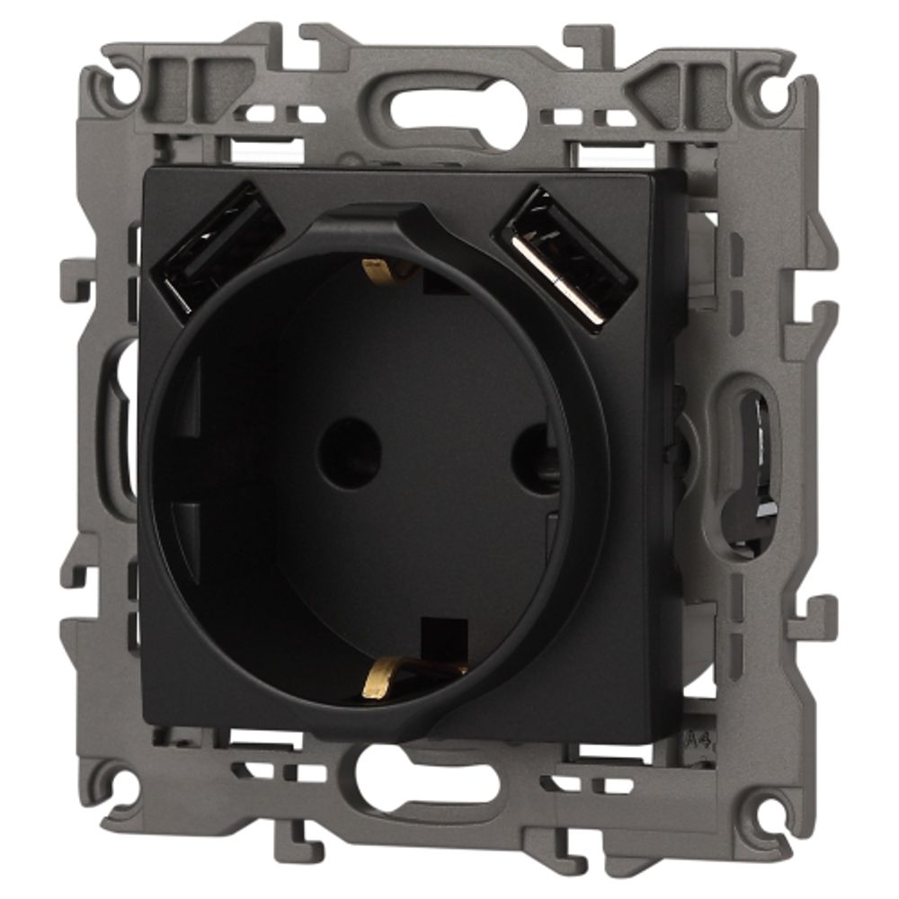 14-4109-05 ЭРА Розетка 2P+E 16A-250В, штор. с 2xUSB 5В-3А, Эра Elegance, антрацит