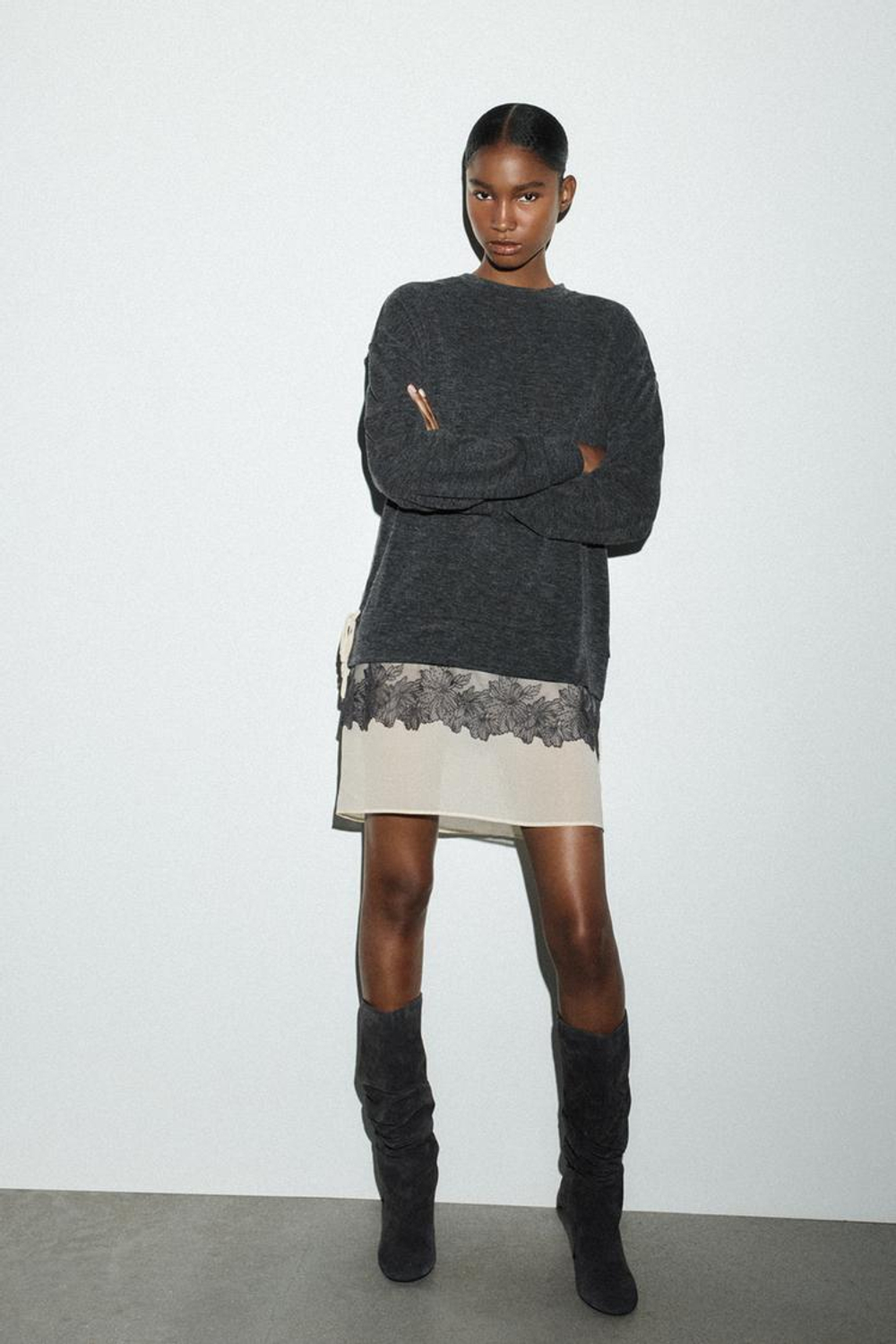 ZARA КОМБИНИРОВАННОЕ ПЛАТЬЕ С ЭФФЕКТОМ МЯГКОСТИ, СЕРЫЙ МЕЛАНЖ