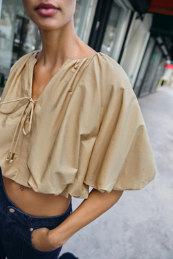 ZARA УКОРОЧЕННЫЙ ТОП-БАЛЛОН ИЗ ПОПЛИНА, РЫЖЕВАТО-КОРИЧНЕВЫЙ