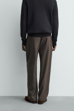 ZARA БРЮКИ ИЗ ШЕРСТИ С ЗАЩИПАМИ, СЕРО-КОРИЧНЕВЫЙ