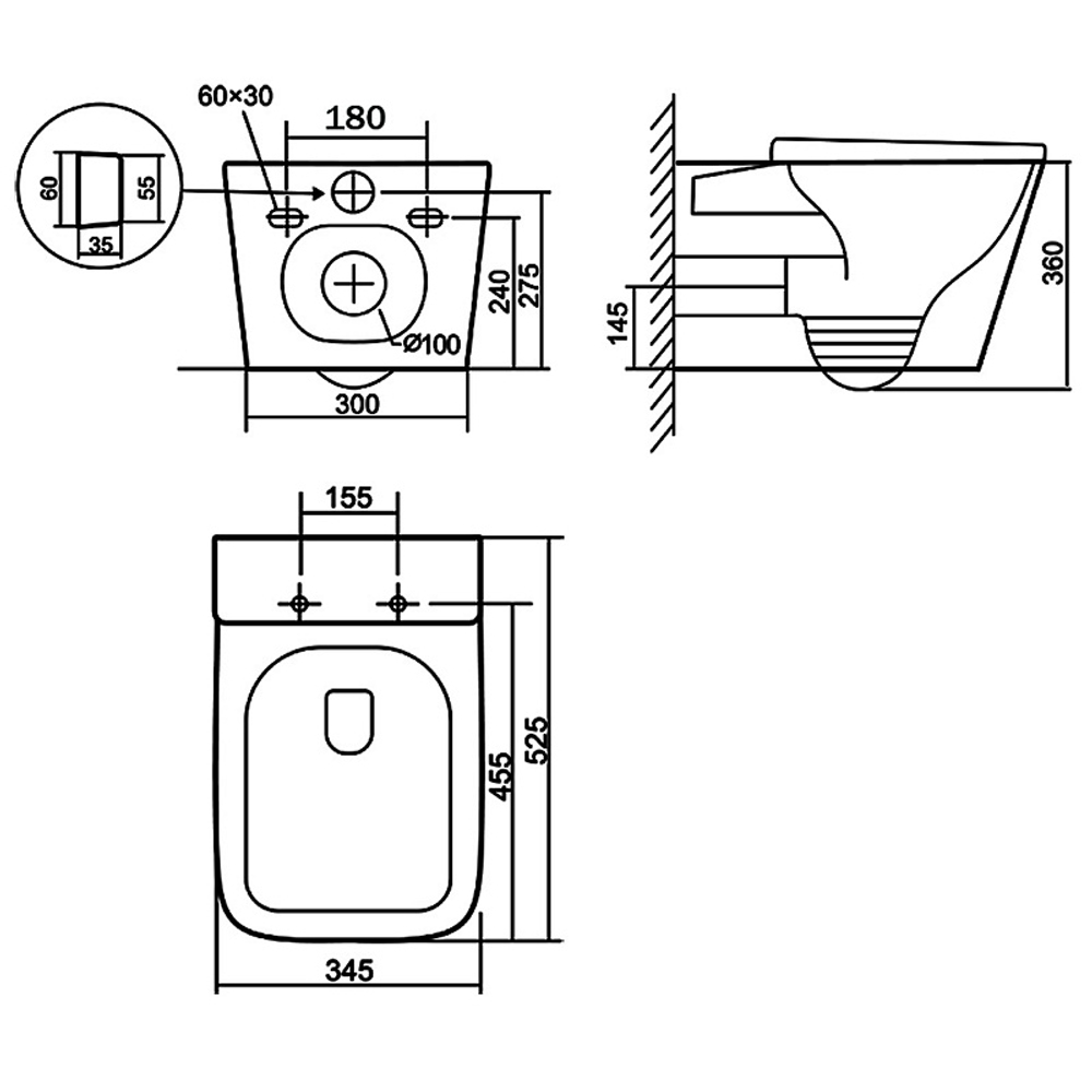 Унитаз подвесной Azario Cascad 525x345x360 безободковый, система смыва "Скрытое Торнадо", в комплекте с быстросъемным сиденьем микролифт (AZ-2303A)