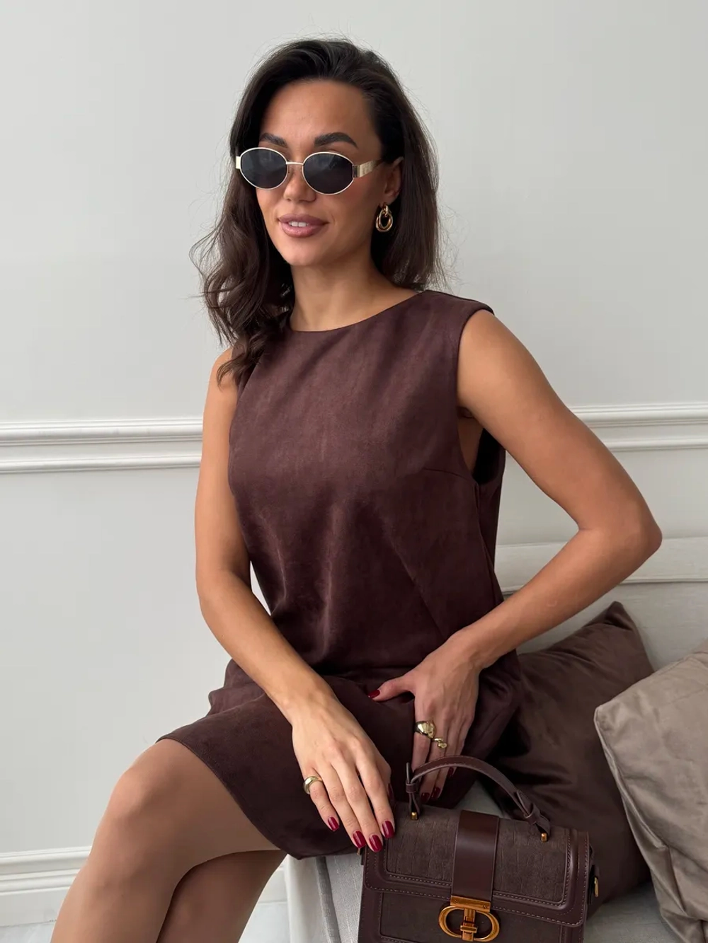 Платье сарафан офисное замшевое А силуэт стильный