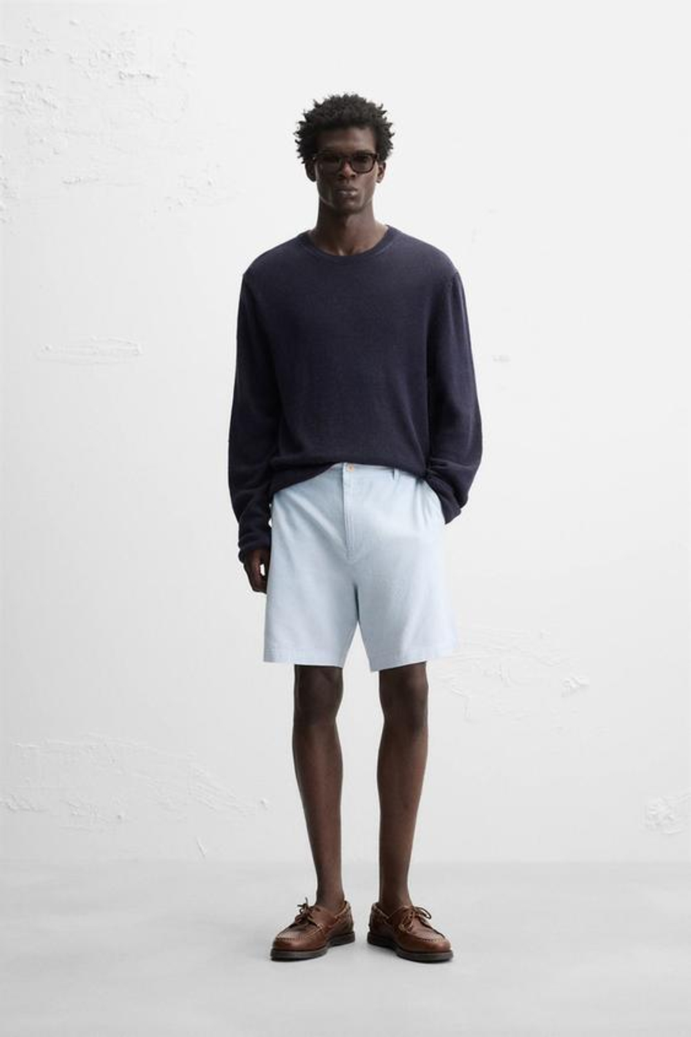 ZARA ШОРТЫ ИЗ ХЛОПКА И ЛЬНА, СВЕТЛО-ГОЛУБОЙ