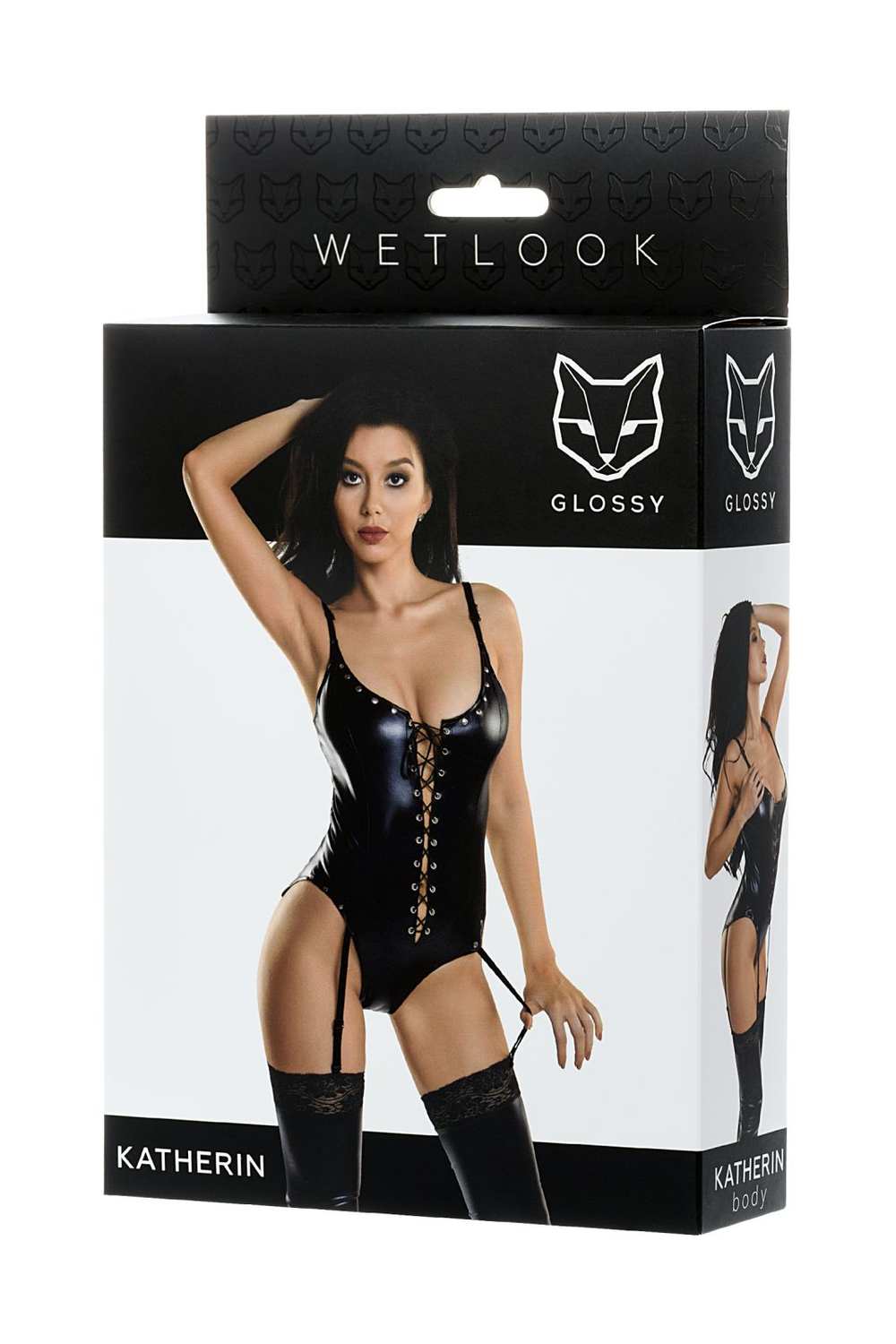 Glossy KATHERIN - Боди из материала Wetlook на шнуровке, черное, L
