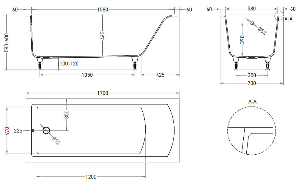 Ванна Salini CASCATA KIT S-sense 104813G 170x70 белая