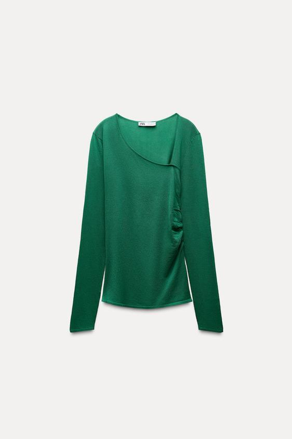 ZARA ТРИКОТАЖНЫЙ ТОП СО СБОРКАМИ ПО БОКАМ, ЗЕЛЕНЫЙ