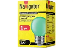 Лампа светодиодная Navigator 220V G45 Е27 1W зеленый шар 26794