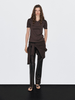 Massimo Dutti Футболка из 100% хлопка с V-образным вырезом, коричневый
