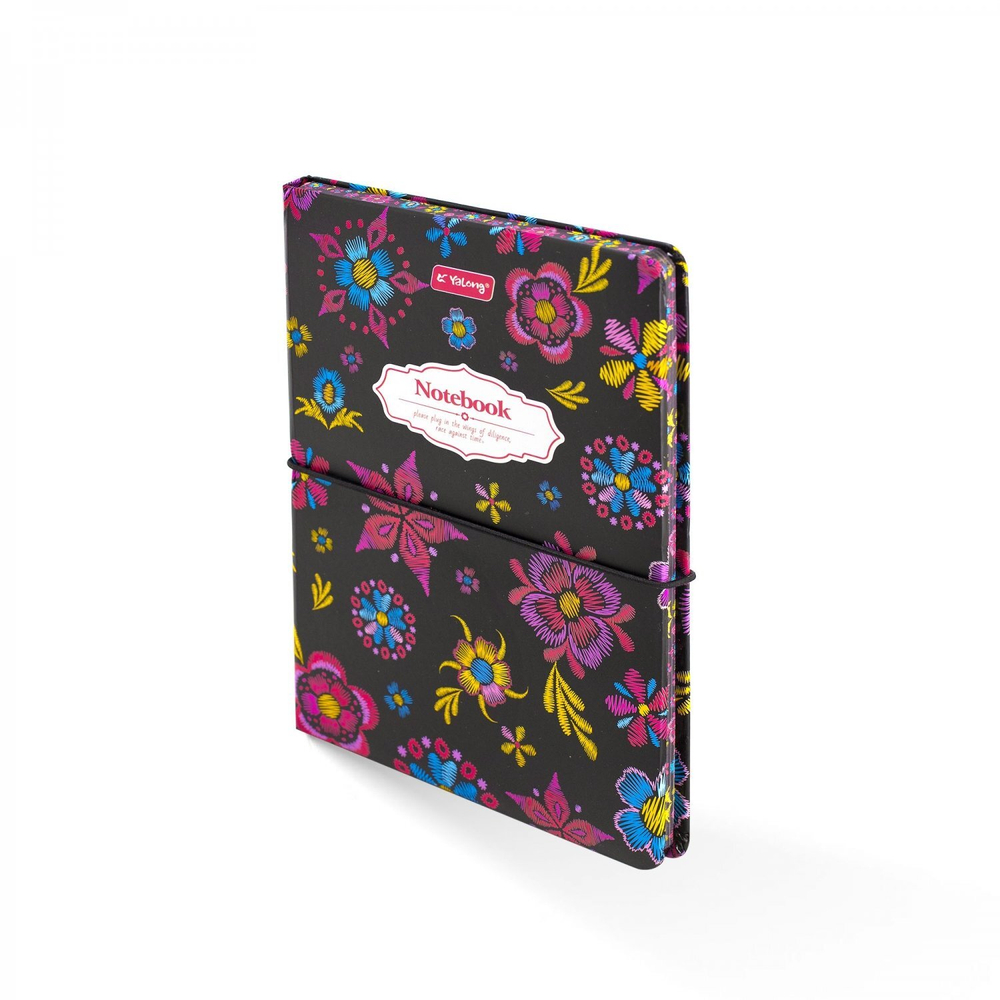 Записная книжка, А6, Yalong, 7БЦ, матовая ламинация, поролон, на резинке, клетка, цветной срез, 80 л., "Вышивка на черном", ассорти