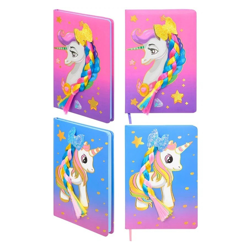 Блокнот детский Basir, формат А5, серия "Единорог", твёрдый переплёт с поролоном и косой из искусственного волоса, 21*14.5 см, 80 листов, 2 цвета ассорти