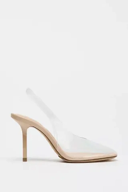 ZARA ВИНИЛОВЫЕ ТУФЛИ-МЮЛИ НА КАБЛУКЕ, СВЕТЛО-БЕЖЕВЫЙ