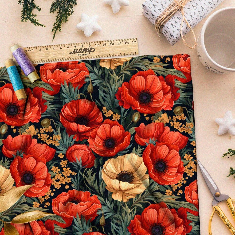 Ткань премиум дюспо крупные маки на серых листьях