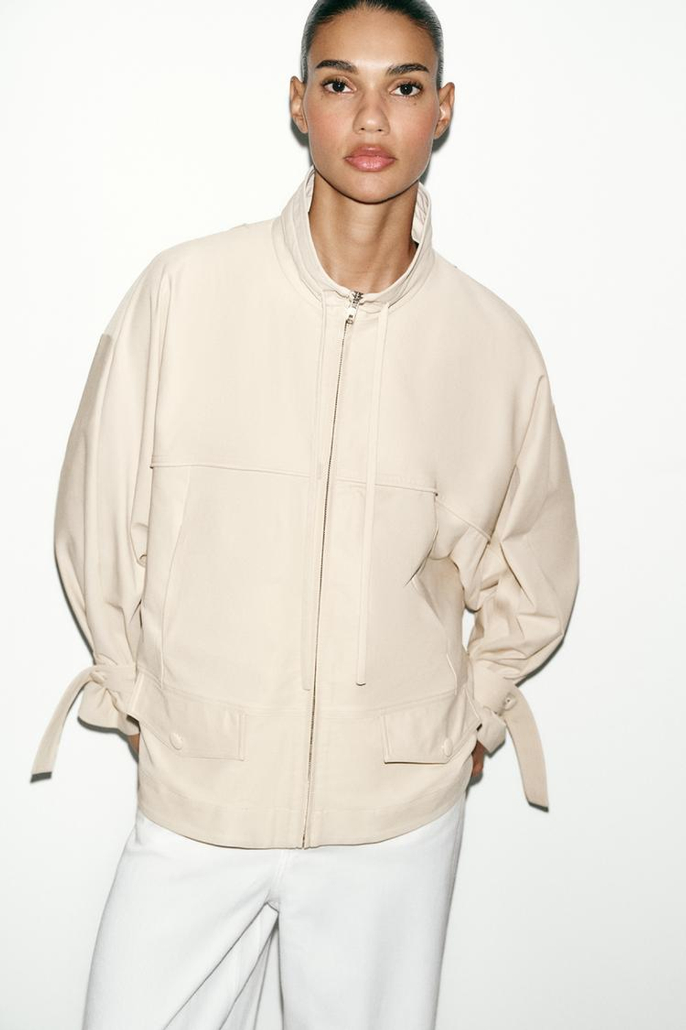 ZARA СВОБОДНАЯ КУРТКА С ВОРОТНИКОМ-СТОЙКОЙ, ТЕМНО-БЕЖЕВЫЙ