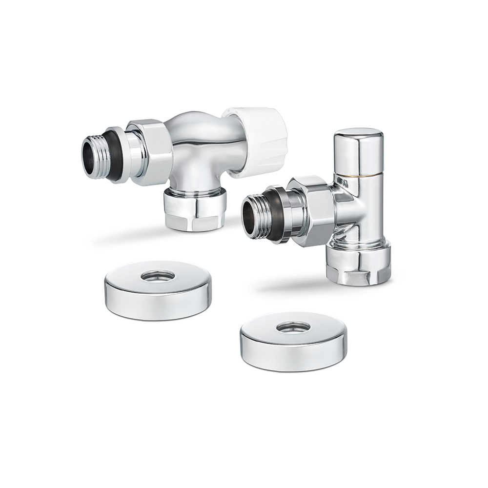 Комплект радиаторных клапанов осевой Varmega VMDV12 хром - 3/4" x 1/2" (НР/НР-американка, PN10, Tmax 110°C, O-ring)