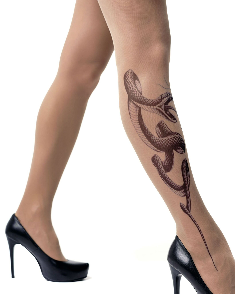 Колготки с принтом в виде змеи на правой ножке (Размер: S-M-L) (Цвет: бежевый)