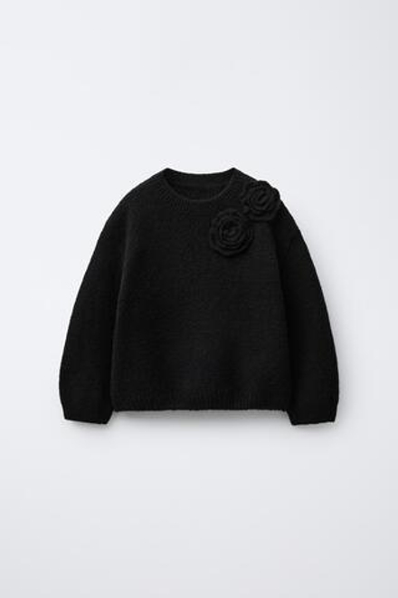ZARA ТРИКОТАЖНЫЙ ДЖЕМПЕР С ЦВЕТАМИ, ЧЕРНЫЙ