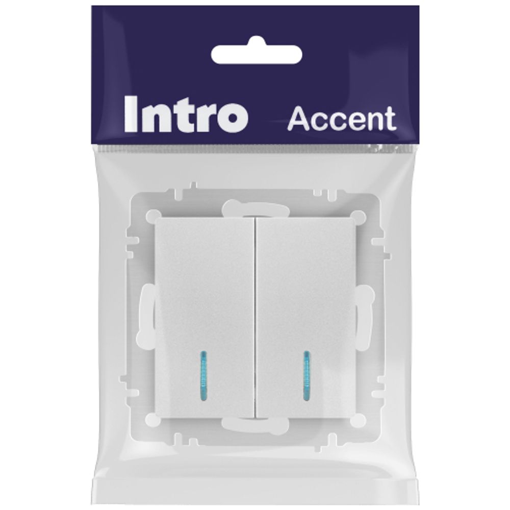 Выключатель Intro Accent 6-105-03 двойной с подсветкой, 10А-250В, IP20, СУ, AL/CU, алюминий