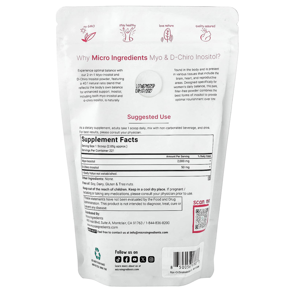 Micro Ingredients, мио- и D-хироинозитол в порошке, 454 г (1 фунт)