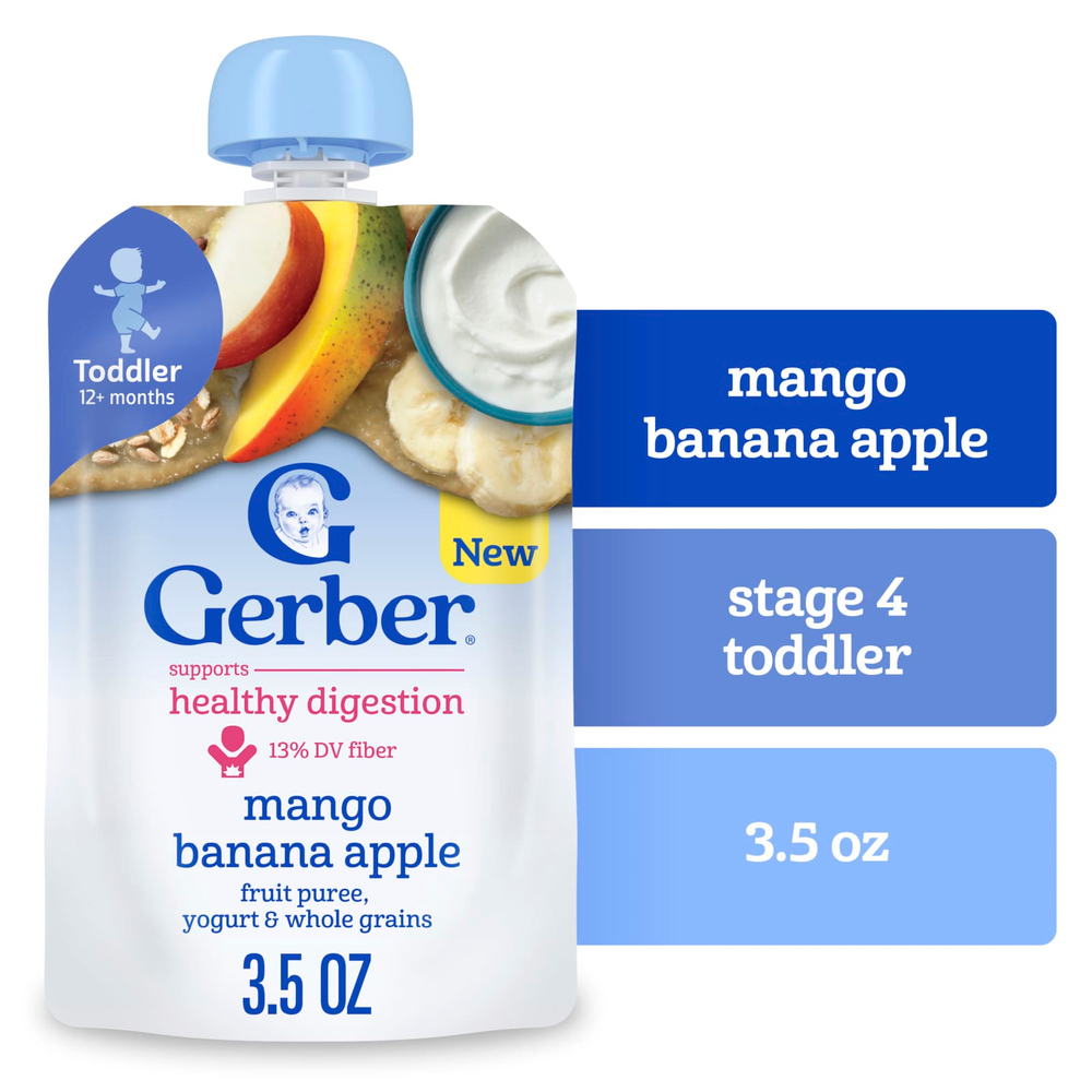 Gerber, Фруктовое пюре, йогурт и цельнозерновые, от 12 месяцев, манго, банан и яблоко, 99 г (3,5 унции)
