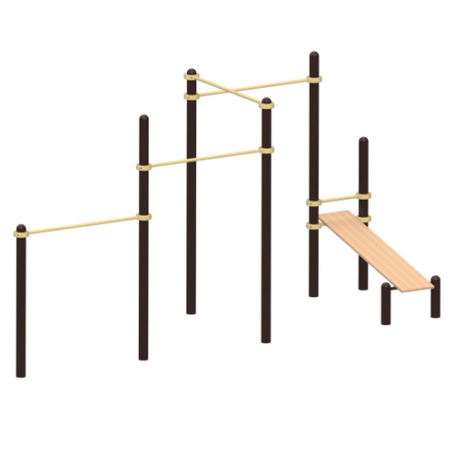 Спортивный комплекс №57, каскад разноуровневых турников, с лавочкой для пресса, 5300*1650*2700 мм., D=89 мм.