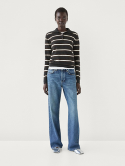 Massimo Dutti Свитер поло из 100% кашемира в полоску, коричневый