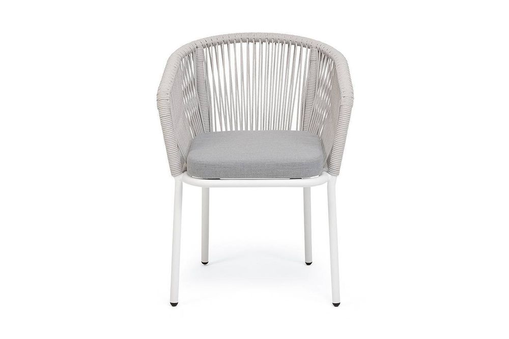 "Марсель" стул плетеный из роупа, каркас алюминий белый муар, роуп светло-серый меланж круглый tex, ткань светло-серая