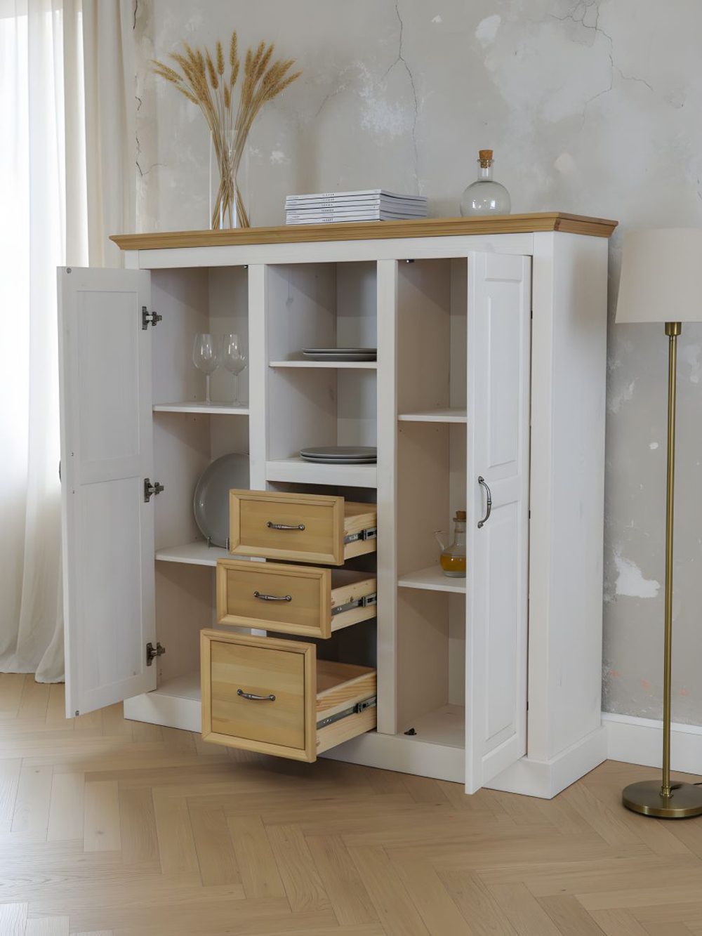 Тумба, 130х38х130, Ландхаус, белый комод, из массива дерева, с ящиками, для посуды и одежды, Dipriz