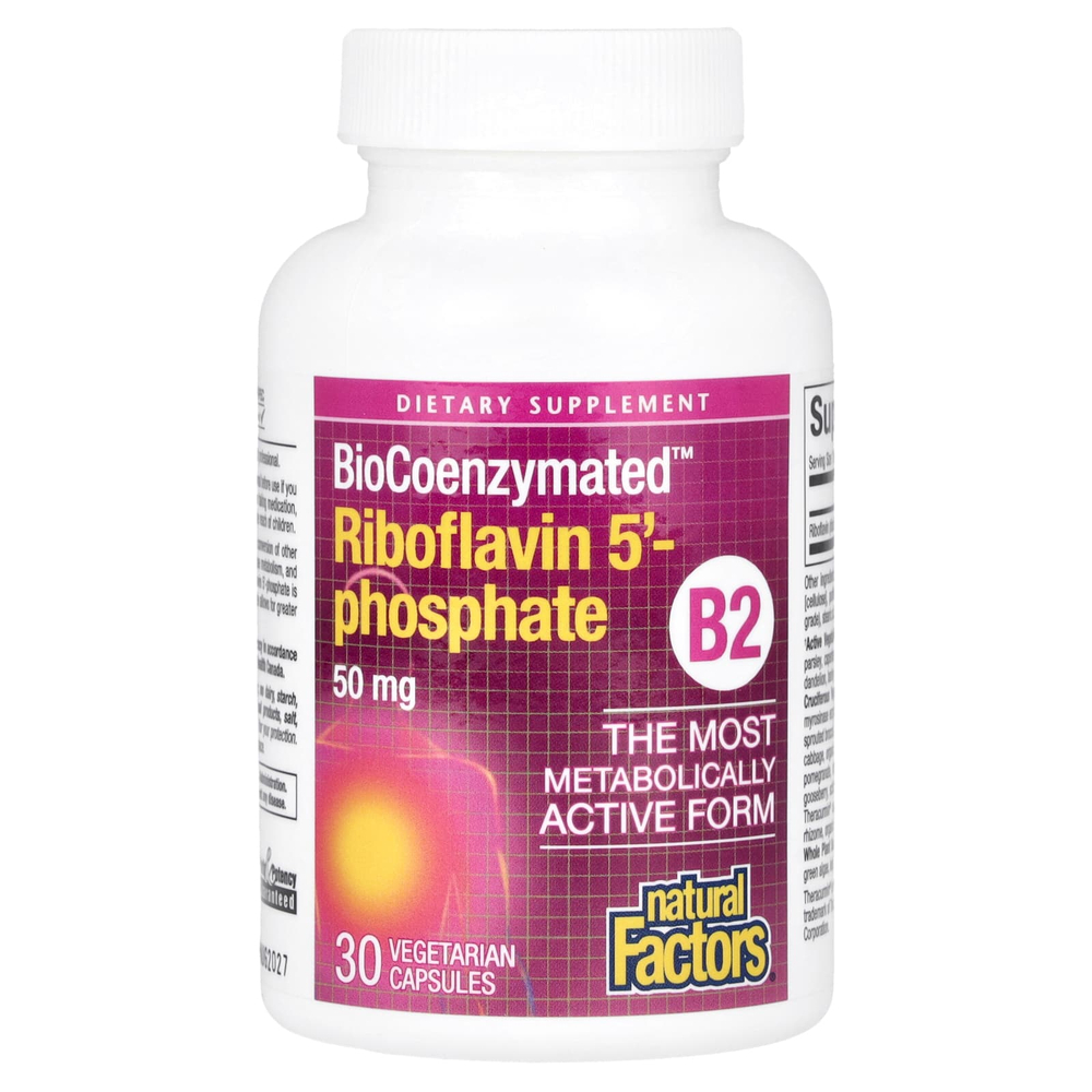 Natural Factors, BioCoenzymated ™, B2, рибофлавин 5'-фосфат, 50 мг, 30 вегетарианских капсул