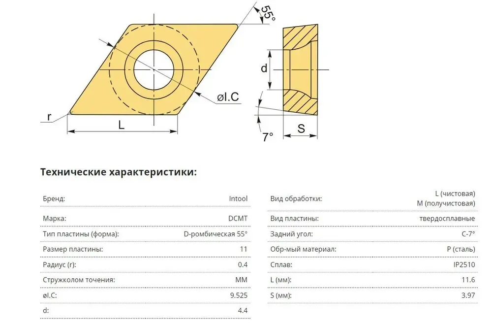 Пластина твердосплавная DCMT11T304 -SM IC908 IC907 / 4 штуки / сменная Ромбическая 55 гр. по металлу