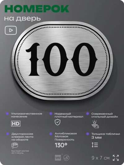 Номерок на дверь квартиры 100, для кабинета, офиса, шильдик 9 х 7 см, брашированная сталь, Айдентика Технолоджи